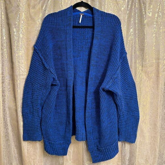 Free People High Hopes Blue Black Chunky Knit Sweater Cardigan Small - Picture 1 of 11